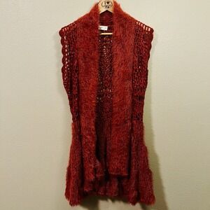 Urban Mangoz Open Knit Long Vest Crochet Orange Cozy Boho Cottage Fuzzy Size M